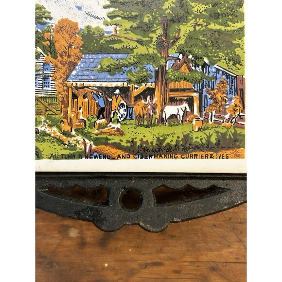VTG Currier & Ives Cast Iron Trivets 1970s Autumn Cider Making & Old Homestead - Picture 4 of 10